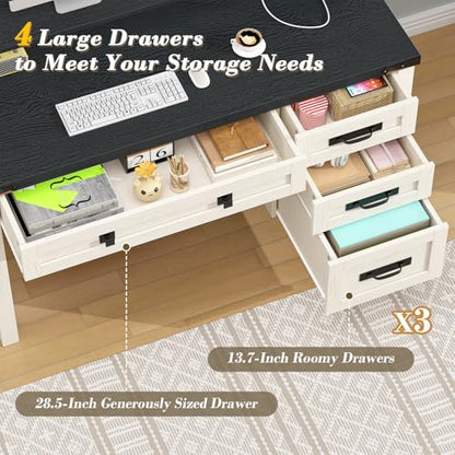 47" Farmhouse Computer Desk with Drawers & Outlets for Home Office, Bedroom | Executive Desk with Power Outlets, Home Office Desk with Monitor Stand, Small Desk Writing Study Table, Black and White - color: Black and White