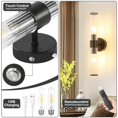 Morauroral Black Battery Operated Wall Sconces Set of 2, Rechargeable Wall Lights with Remote, 20 Inch Modern Wireless Wall Lamp for Bedroom, Living Room with Clear Glass Shade (Bulbs Included) - color: Matte Black