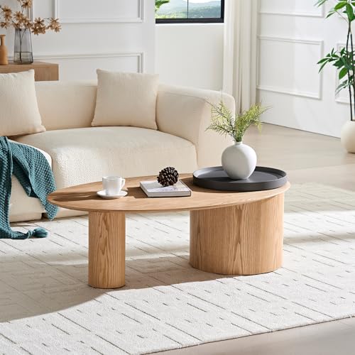 47.24" Modern Coffee Table with Storage Space, Round Low End Table, Rustic Style Bedside Table for Bedroom Living Room - color: Oval+tray-natural