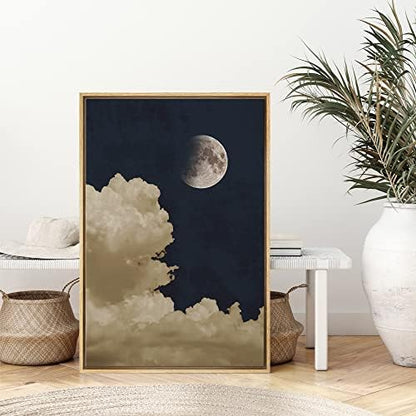 SIGNWIN Framed Canvas Print Wall Art Pastel Clouds with Moon in Dark Blue Sky Nature Wilderness Modern Art Landscape Relax for Living Room, Bedroom, Office - 16"x24" Natural - color: A015-2202-x04, size: 24"L x 16"W