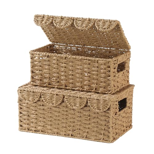 Set of 2 Scalloped Wicker Baskets with Lid,Paper Rope Decorative Storage Baskets for Shelves, Display Shelf, Handmade Cute Woven Basket for Nursery,Living Room Decor