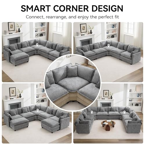 113'' V Shaped Cloud Sectional Sofa, Oversized Deep Seat Couches for Living Room, Chenille Comfy Upholstered Modular Sectional Sofa Couch, Grey - color: Grey, size: 113'' V Shape