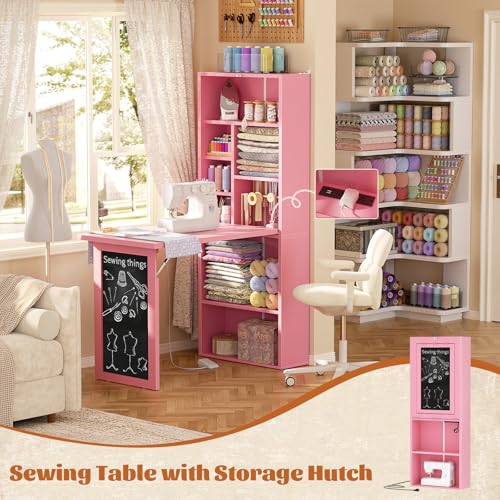 Small Folding Desk with Outlets, Convertible Writing Desk for Small Spaces/Home Office/Craft Room, Multi-Function Desk Workstation with Blackboard, Fold-Out Cabinet Table, Pink | Foldable Wall Mounted Desk Cabinet with Storage, Craft Cabinet with Fold Out