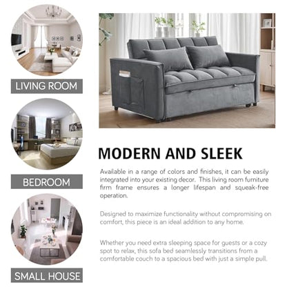 3 In 1 Velvet Convertible Sofa Bed, Pull Out Couch Bed with Reclining Backrest And 2 Pillows, 54" Full Size Loveseat Sleeper Sofa Futon Couch Beds, Couches For Small Spaces, Living Room (Medium Grey) - color: Medium Grey