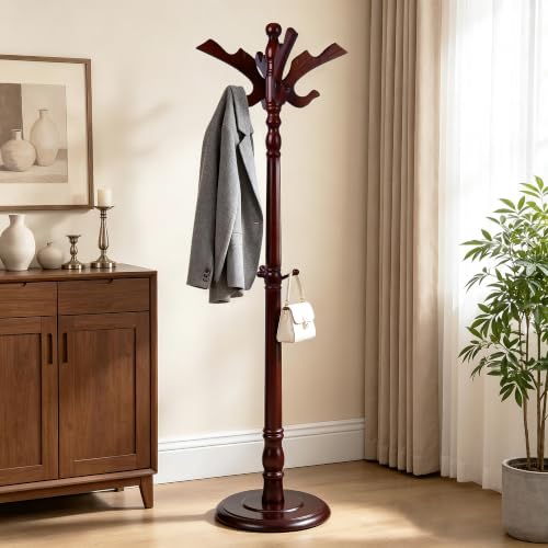 Heavy Duty Coat Rack Stand Freestanding Coat Tree for Small Space,mahogany2 | Birch Wood Main Pole,Multifunctional,14 Hooks and 1 Round Base,for Hallway,Bedrooms,2 Height Adjustable(48.8-72.3") - color: Vintage Red