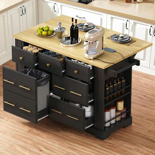 Merax 51.2" Rolling Kitchen Island with Storage (Black) | Pull Out Trash Can Storage, 6 Drawers, with Drop Leaf, Power Outlet, 5 Wheels, 5 Open Side Racks, for Kitchen Dining Room
