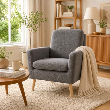 Naomi Home Frida Teddy Fleece Accent Chair, Mid-Century Modern Inspired Armchair with Plush Upholstery, Thick Cushioning & Oak Legs, Cozy Living Room Chair for Bedroom, Reading Nook & Lounge Seating | Thick Cushions, Ergonomic Backrest, Solid Oak Legs, Co