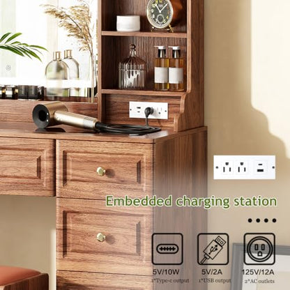Arulvmrn 43" Makeup Vanity Desk with Mirror and Lights, & Power Outl, Glass Top Big Vanity Table with 9 Drawers& 8 Storage Shelves, Dressing Table Set with Chair for Bedroom, Walnut - color: Walnut