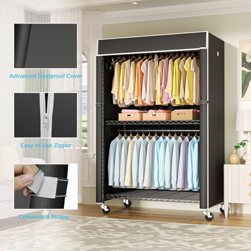 Black Clothing Rack with Black Cover, P1C Plus Rolling Closet | Metal Garment Rack with Wheels for Hanging Clothes, Portable Clothing Storage Wardrobe - color: Black Rack with Black Cover