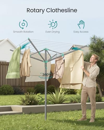 SONGMICS Umbrella Clothesline, Rotary Washing Line, Foldable Heavy-Duty Outdoor Clothes Drying Rack with Clips, Cover, Ground Anchor, 147.6 ft (45 m) Long for 4 Loads of Laundry, Silver ULLR306EZ01 - size: 54.8"D x 54.8"W x 71.7" H, style: Standard (Steel