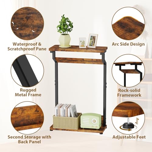 Narrow Side Table for Small Spaces, 2-Tier Farmhouse Small End Table, Slim TV Tray Couch Table Skinny Sofa Tray Tables Thin End Tables for Living Room Bedroom, Rustic Brown