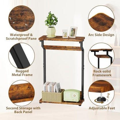 Narrow Side Table for Small Spaces, 2-Tier Farmhouse Small End Table, Slim TV Tray Couch Table Skinny Sofa Tray Tables Thin End Tables for Living Room Bedroom, Rustic Brown