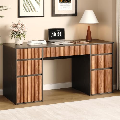 Desk with Drawers, 58 Inch Executive Office Desk with File Drawer, Black | 7 Storage Drawers, Modern Fluted Design, Handleless Drawers, for Bedroom, Study Room, Home Office - color: Black and Walnut, size: 58 Inch