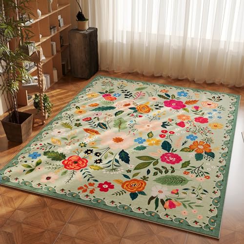 Rugcomf Area Rug 4x6 Rug Washable Boho Rugs Non Slip Low Pile Floral Small Carpet for Bedroom, Bedside, Kids Room, Office, Dining Room(Green) - color: Green, size: 4' x 6' (Rectangular)