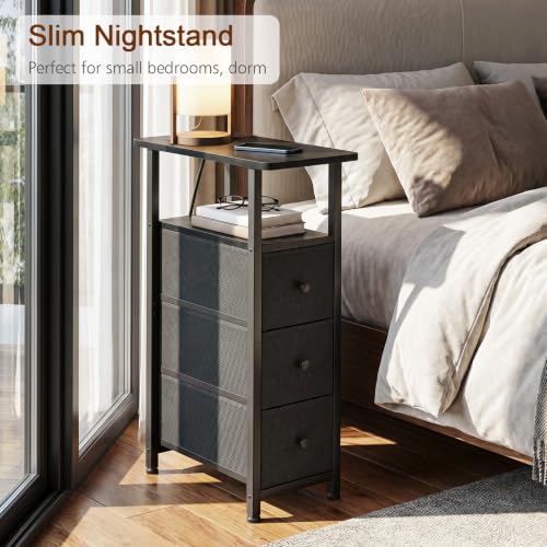 Narrow End Table with Charging Station, Small Nightstand | Skinny Side Tables Living Room with 3 Fabric Drawers, Slim Bedside Table for Bedroom, Small Spaces, Couch, Black - color: Black, size: 27.55''H (3 Drawers), style: Power