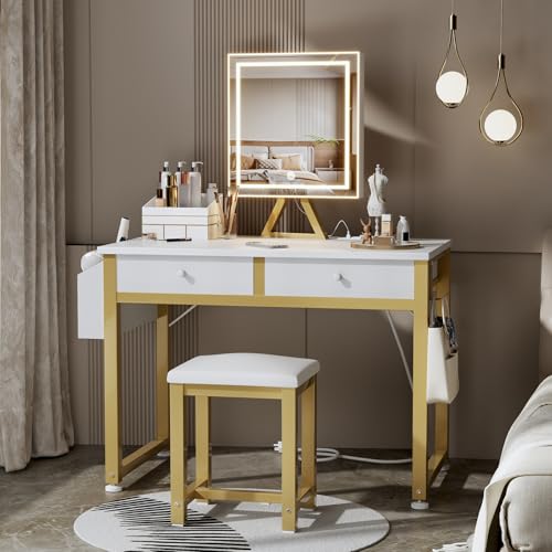 Lufeiya Small Makeup Vanity Desk with Mirror and Light, 32 inch White Vanity Desks Sets with Fabric Drawers for Girls Teen, Dressing Table and Chair Set with Power Outlet for Bedroom, White Gold - style: White Gold