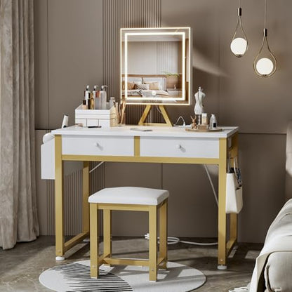 Lufeiya Small Makeup Vanity Desk with Mirror and Light, 32 inch White Vanity Desks Sets with Fabric Drawers for Girls Teen, Dressing Table and Chair Set with Power Outlet for Bedroom, White Gold - style: White Gold