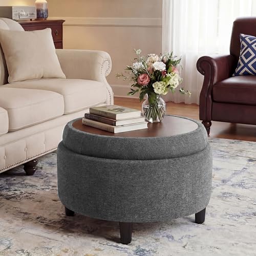 COLAMY Round Hidden Storage Ottoman with Reversible Tray Lid – Multi-Functional Footrest, Sturdy & Stylish Fabric Coffee Table for Living Room, Bedroom, or Entryway, Dark Grey - color: Dark Grey