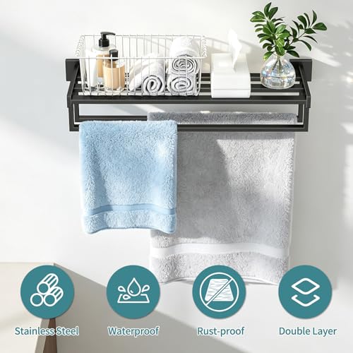 STWWO Towel Racks for Bathroom Wall Mounted, 24 Inch Black Double Towel Bar | Dual Towel Rack with Shelf, Double Towel Bar with Shelf, Stainless Steel Hand Towel Hanger, Bath Towel Holder for Wall - color: Black