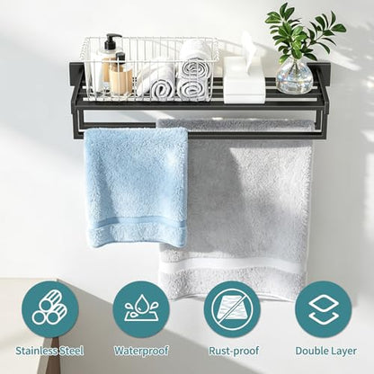 STWWO Towel Racks for Bathroom Wall Mounted, 24 Inch Black Double Towel Bar | Dual Towel Rack with Shelf, Double Towel Bar with Shelf, Stainless Steel Hand Towel Hanger, Bath Towel Holder for Wall - color: Black
