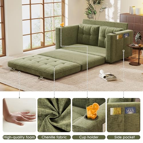55" Convertible Folding Sofa Bed, Pull Out Couch Love Seat Sleeper Bed, Small Fold Out Loveseat sleeper with Cup Holder and Pillow for Small Space, Bedroom Lounge, Dorm, Living Room(Green Chenille) - color: Green
