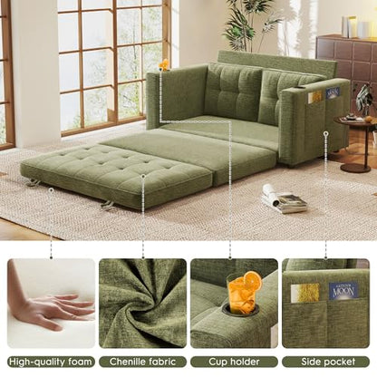 55" Convertible Folding Sofa Bed, Pull Out Couch Love Seat Sleeper Bed, Small Fold Out Loveseat sleeper with Cup Holder and Pillow for Small Space, Bedroom Lounge, Dorm, Living Room(Green Chenille) - color: Green