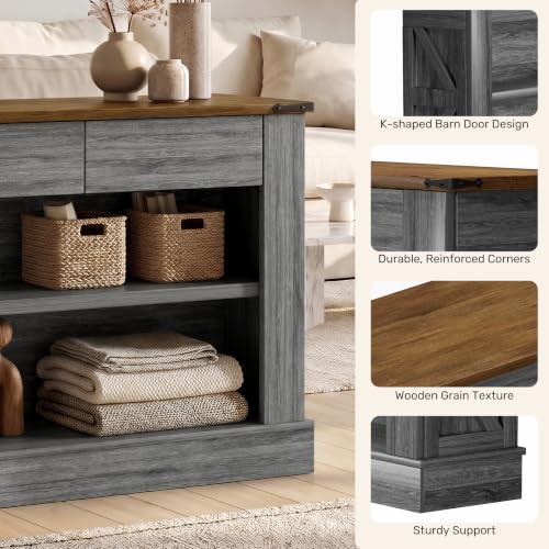 Miereirl 63" Console Table with Drawers & LED Light, Brown & Dark Grey | Narrow Entryway Sofa Table, 3 Storage Drawers & Open Shelves, Behind Couch, Living Room Hallway Foyer - color: Rustic Brown&dark Grey