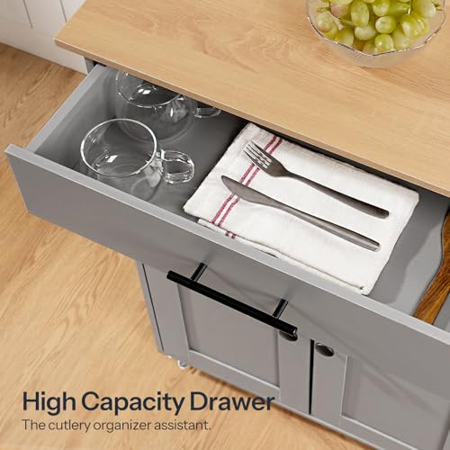 HOOBRO Kitchen Island with Power Outlet, Storage Island with Spice Rack and Drawer, Rolling Kitchen Cart on Wheels, for Home, Dining Room, Natural and Gray GN82UZD01 - color: Natural + Gray