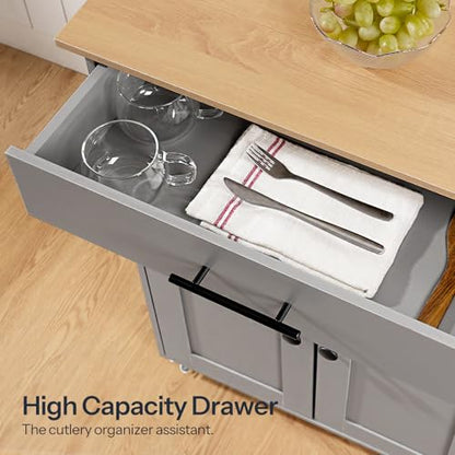 HOOBRO Kitchen Island with Power Outlet, Storage Island with Spice Rack and Drawer, Rolling Kitchen Cart on Wheels, for Home, Dining Room, Natural and Gray GN82UZD01 - color: Natural + Gray