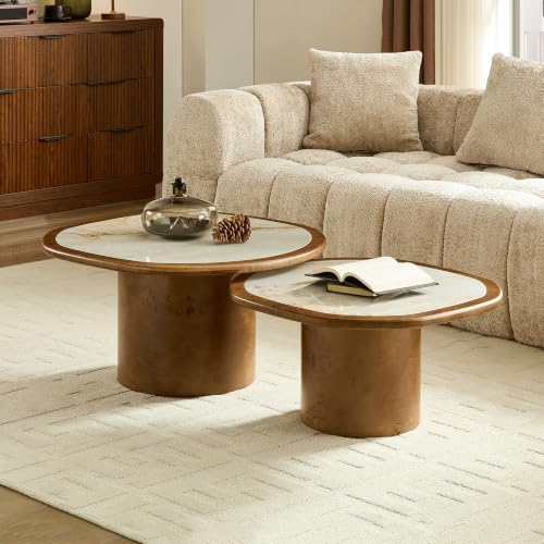 Nesting Coffee Table Set of 2 with Sintered Tabletop, Walnut | 29.13" & 23.38" Modern Irregular Kitchen Table, Burl Wood Veneer, Sturdy MDF Pedestal Base for living Room, Easy Assembly - color: 29.13" & 23.38", Walnut