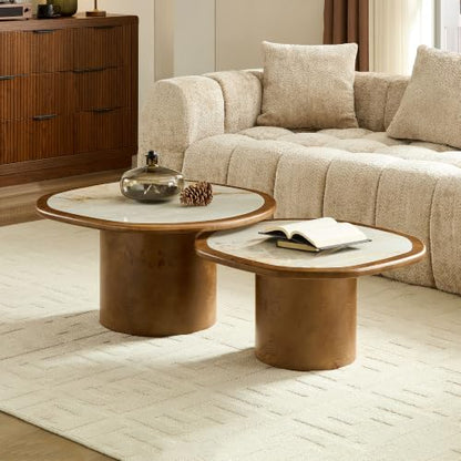 Nesting Coffee Table Set of 2 with Sintered Tabletop, Walnut | 29.13" & 23.38" Modern Irregular Kitchen Table, Burl Wood Veneer, Sturdy MDF Pedestal Base for living Room, Easy Assembly - color: 29.13" & 23.38", Walnut