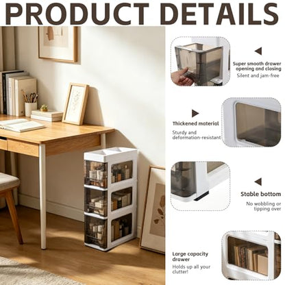 3 Drawer Storage Organizer, Narrow Slim Plastic Storage Drawer Cart with 4 Wheels, 3 Tier Space Saving Storage Tower Box, Narrow Storage Cart for Small Space Bedroom Bathroom Kitchen Pantry Office