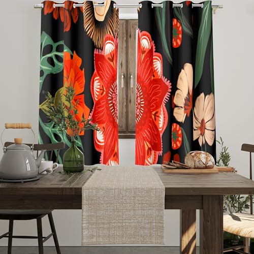 Tyrot Black Floral Grommet Blackout Curtains, 52W x 45L, 2 Panels | Colorful Botanical, Thermal Insulated, Heat Blocking Privacy, Short Window Drapes for Kitchen, Bathroom, and Basement - color: Crimson Shadow, size: 52"W x 45"L (Pack of 2)