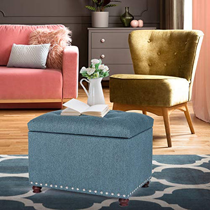 24’’ Rectangular Upholstered Storage Ottoman for Living Room- Fabric Foot Stool with Nail-Head Trim- Chests and Organizers, Load Up to 350 lb, Lake Blue - color: Lake Blue