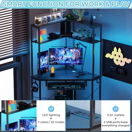 Corner Desk with Hutch and LED Light, Keyboard Tray, Carbon Black - color: Carbon Black