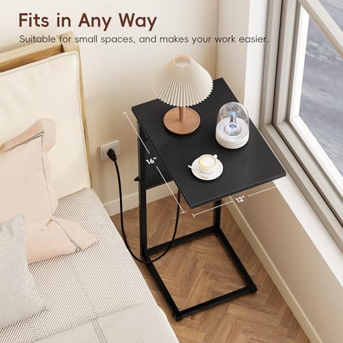 C Shaped End Table with Charging Station, Adjustable Height Side Table for Sofa, Couch Side Table for Small Spaces, Slide Under Sofa TV Tray Snack Arm Tables for Living Room, Bedroom, Black - color: Black, style: With Plug