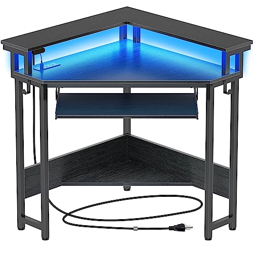Rolanstar Corner Desk,44" W x 34" H Small Computer Desk with Power Outlets, Gaming Desk with LED Lights, Triangle Corner Table with Keyboard Tray & Monitor Stand for Small Space, Black