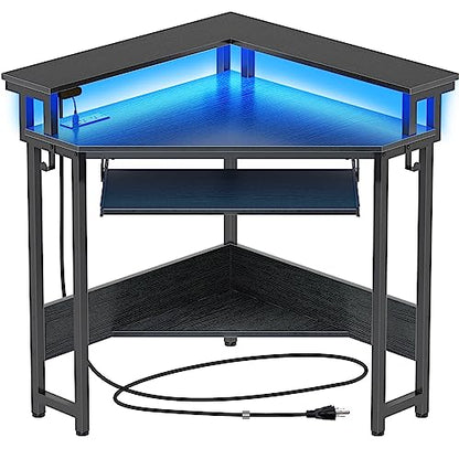 Rolanstar Corner Desk,44" W x 34" H Small Computer Desk with Power Outlets, Gaming Desk with LED Lights, Triangle Corner Table with Keyboard Tray & Monitor Stand for Small Space, Black