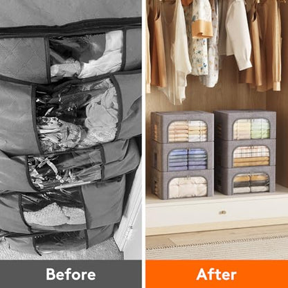 Lifewit Clothes Storage Bins with Metal Frame, Stackable Storage Box, Foldable Clothing Storage Bins with Lids, 25L Storage Bags Fabric Box Organizer with Clear Window＆ Zippers＆ Sturdy Handles 6 Pack - size: 25L