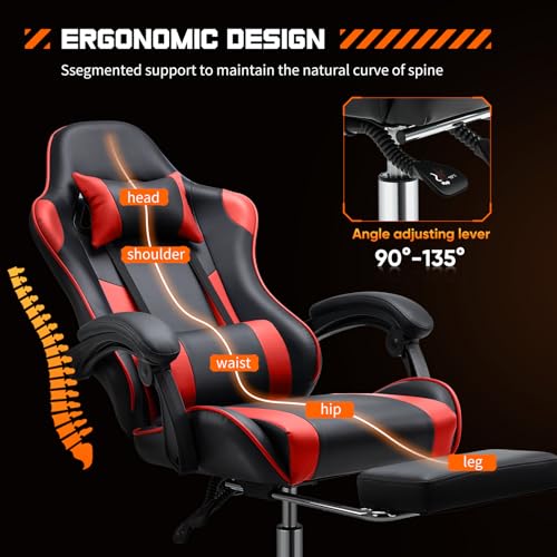Sweetcrispy Gaming Chair, Ergonomic Computer Desk Chair, Lumbar Support | High Back PU Leather, Adjustable Headrest Footrest, Racing Video Office Home, Red - color: Pu Red