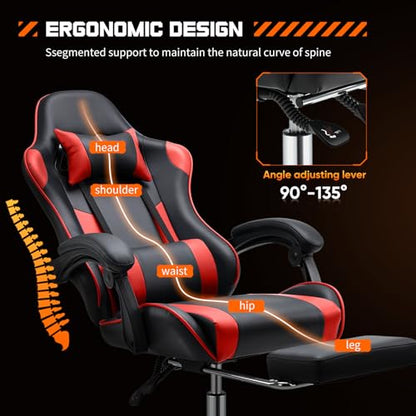 Sweetcrispy Gaming Chair, Ergonomic Computer Desk Chair, Lumbar Support | High Back PU Leather, Adjustable Headrest Footrest, Racing Video Office Home, Red - color: Pu Red