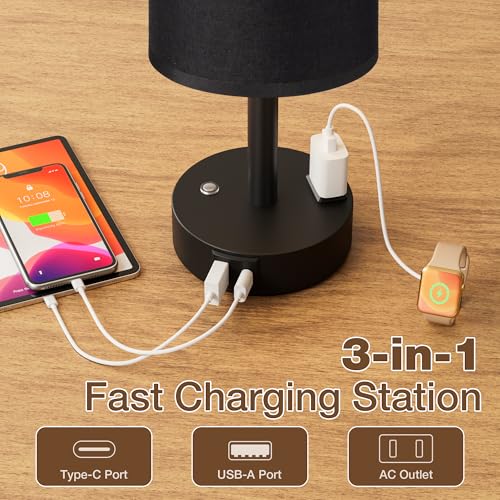 Black Touch Bedside Lamp for Bedroom, Stepless Dimmable, USB A+C, AC Outlet | Base Touch Button Only, Memory Brightness, Ultra-dim Night Light, Included Bulb for Optimal Dimming, Black Fabric Shade, Desk - color: Black & Black