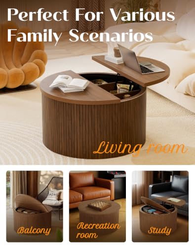 Fluted Round Lift Top Coffee Table with Storage, 31.5" Walnut Small Circle Wood Center Table for Living Room, Small Space - color: Walnut-round