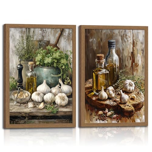 Framed Kitchen Wall Art Set of 2 Canvas Prints Rustic Garlic Olive Oil Painting Posters Farmhouse Food Artwork Pictures for Dining Room Kitchen Gallery Wall Decor 16x24 In - color: garlic cloves, size: 16x24in