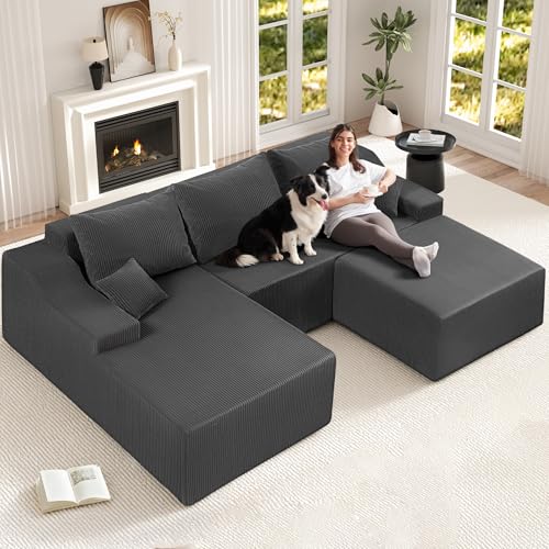 94“ U Shaped Modular Sectional Couch for Living Room, Modular Cloud Sofa with Ottoman, No Assembly Boneless Couches with Deep Seat, Corduroy Fabric (Grey, Left Facing) - color: Corduroy Grey, size: 94" U-Shaped Sofa-L