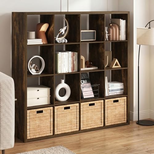 16-Cube Bookshelf, Cubicle Shelf Bookcase with Open Back, Position Reversible Book Shelf, 15 x 58 x 58, for Home Office, Living Room, Amber Pine - color: Amber Pine, size: 16 Cube