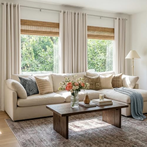 100% Blackout Linen Textured Curtains 84 Inch Long, Beige | 100% Blackout Shield, Light Blocking, Thermal Insulated, Grommet Window Curtains for Bedroom/Living Room, 50"x84", 2 Panels - color: Alba | Beige, size: 50"W x 84"L (Pack of 2)