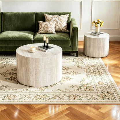 18 inch Stone Round Nesting Coffee Table Set of 2, Travertine | Travertine Veneer, For Living Room, Mid-Century Modern Style, Nestable Design, Nested End Side Table, For Small Spaces - color: Travertine