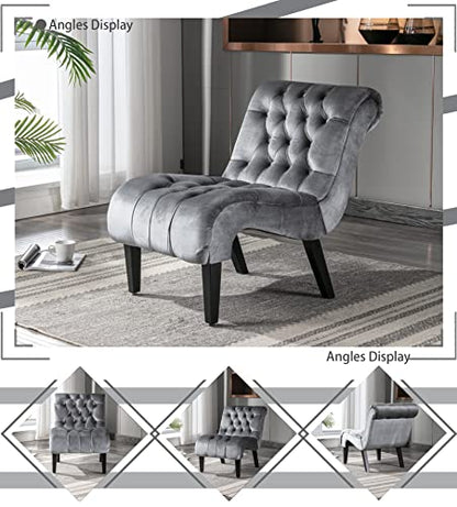 Comfy Velvet Accent Chair, Tufted Armless Side Chair with Rolled Edge | Modern Small Lounger for Living Room, Upholstered Reading Chaise Lounge with Solid Rubber Wood Legs, Silver - color: Silver, size: Set of 1