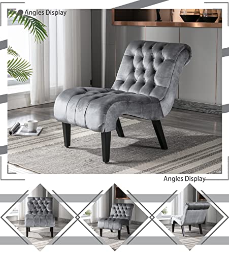 Comfy Velvet Accent Chair Set of 2, Tufted Armless Chair with Rolled Edge | Modern Small Lounger for Living Room, Upholstered Reading Chaise Lounge with Solid Rubber Wood Legs, Silver - color: Silver, size: Set of 2